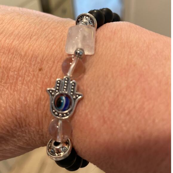 Black Obsidian and Clear Quartz Pyramid with Hamsa Crystal Bracelet - Picture 4 of 5